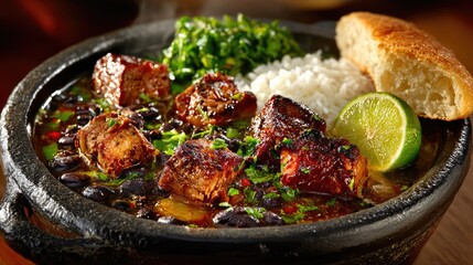 Hearty Meat and Bean Stew Served with Rice and Bread