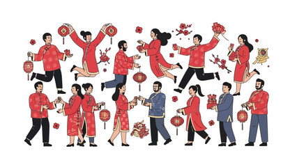 Obraz premium Illustration of People Celebrating Chinese New Year in Traditional Attire