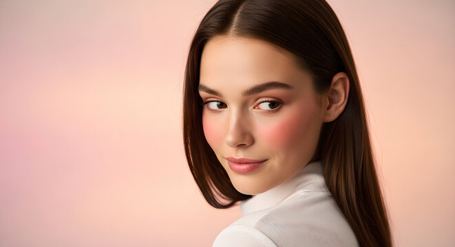 Portrait of young woman with long brown hair and natural pink blush on cheeks. Subtle smile and soft gaze. Beauty and skincare concept for cosmetics and womens fashion.