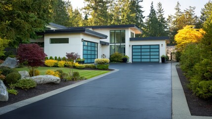 A modern home with sleek lines, glass garage doors, and a lush, landscaped front yard with a long asphalt driveway. Surrounded by trees