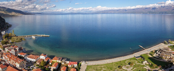 Panoramic aerial view of Lake Ohrid waterfront in Pogradec, Albania.
