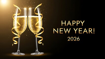 Two champagne flutes with bubbly golden liquid and gold streamers on dark background for New Year 2026