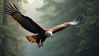 Obraz premium Majestic eagle bird flies over green forest. Wild predator with large wings soars with sharp talons extended. Powerful raptor hunts prey in natural habitat.