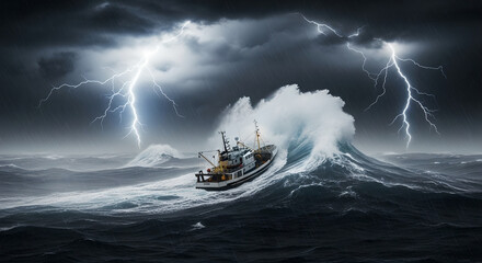 Fishing trawler battling massive wave in stormy ocean during thunderstorm. Dramatic seascape with lightning bolts illuminating turbulent waters. Maritime adventure and extreme weather power concept.