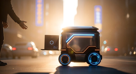 Man interacting with glowing autonomous delivery robot on neon-lit urban street at dusk. Futuristic cyberpunk city scene with wheeled bot carrying package on busy road. Innovative smart technology