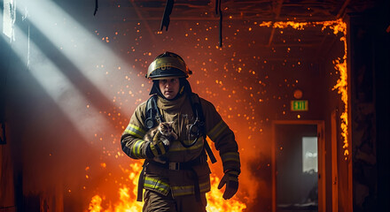 Firefighter advancing into blazing corridor amid thick smoke and dramatic light rays. Male emergency responder in protective gear combating inferno. Heroic fire rescue operation and public safety