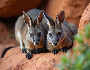 Two black flanked rock wallabies rest on orange rocks. These marsupials are native to Australia. One wallaby looks ahead intently. They are a wild animal.