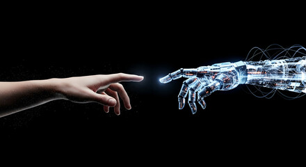 Human hand reaching toward robotic hand with glowing connection spark. Artificial intelligence and human interaction concept. Futuristic technology collaboration and machine learning integration for