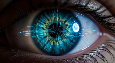 Blue human eye with glowing digital circuit patterns in the iris. Futuristic cybernetic vision featuring cyan overlay and intricate tech lines. Augmented reality technology integration and innovative