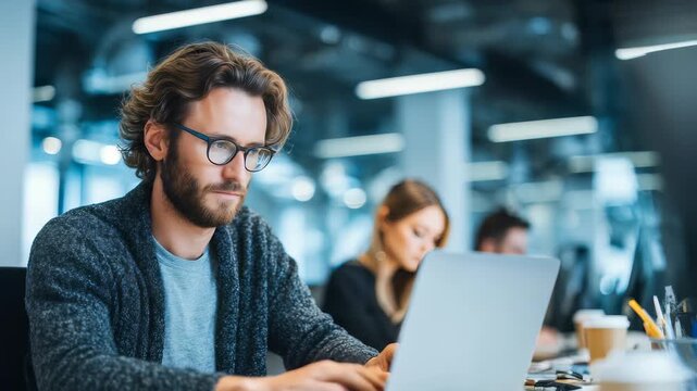 Confident male employee typing on computer at shared workspace, demonstrating dedication, concentration. Creative professionals collaborating in bright, stylish office setting with blurred background
