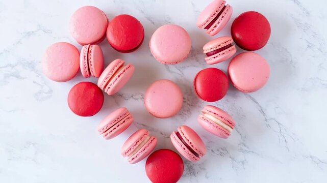 Bird's eye view of pink and red macarons arranged in a heart on marble, slowly disappearing in a stop motion styleromantic valentine's day dessert concept