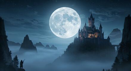 Silhouetted figure standing before ancient gothic castle under full moon. Misty mountain landscape at night with pine trees. Fantasy adventure and mystery scene in enchanted realm.