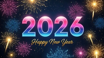 Colorful fireworks with glowing 2026 and Happy New Year text on dark background