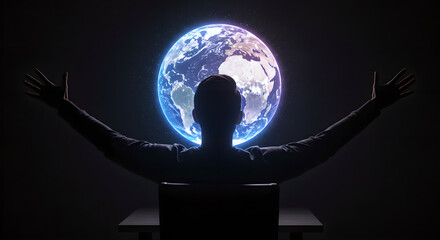 Man sitting at desk with arms raised toward glowing holographic earth globe. Digital global connectivity and virtual world exploration concept. Future technology for environmental awareness and
