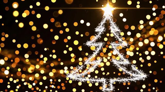 Shimmering outline of a glowing christmas tree against golden bokeh and sparkling particles, perfect for festive holiday greetings, new year celebrations, and seasonal design