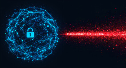 Digital network sphere with central padlock icon and glowing connections. Blue mesh structure emitting red laser beams. Cybersecurity and data protection concept in modern technology.