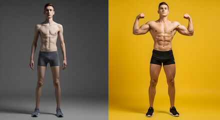 Young man before and after fitness transformation. Skinny athletic build evolving into muscular ripped physique through dedicated training. Inspirational bodybuilding journey showcasing workout