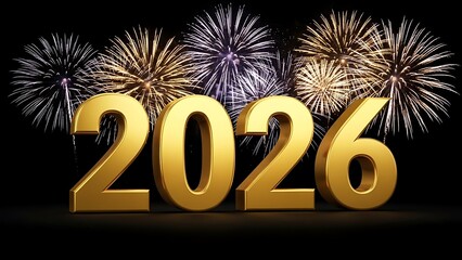 Golden 2026 number with colorful fireworks display on black background