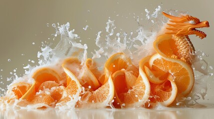 An imaginative scene captures a dragon emerging from a splash of vibrant orange slices, blending whimsy and creativity, creating a striking juxtaposition of hard and soft elements.