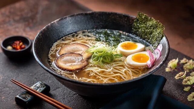 具だくさんの熱々醤油ラーメンを黒い丼で俯瞰した写真