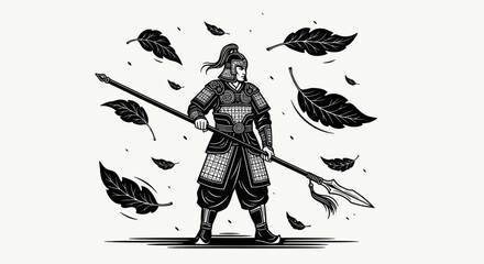 Samurai Warrior Holding Spear Amidst Falling Leaves.