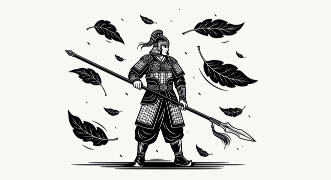 Samurai Warrior Holding Spear Amidst Falling Leaves.