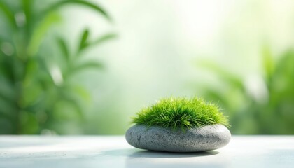 Small gray stone with bright green moss growth rests on a white surface. Soft focus green plants create a blurred background. Minimalist nature scene conveys peace.