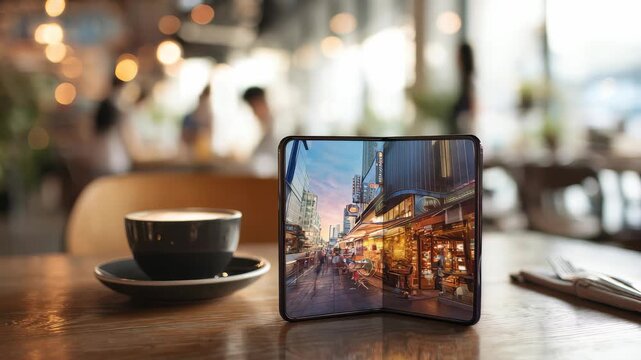 A cutting edge foldable phone showcases a bustling city street scene on its screen, placed beside a coffee cup in a stylish cafe. The image highlights technology and contemporary lifestyle