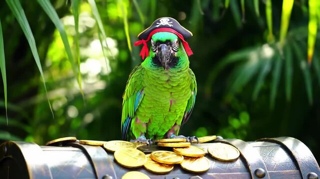 Parrot pirate perched on treasure chest in lush, green environment