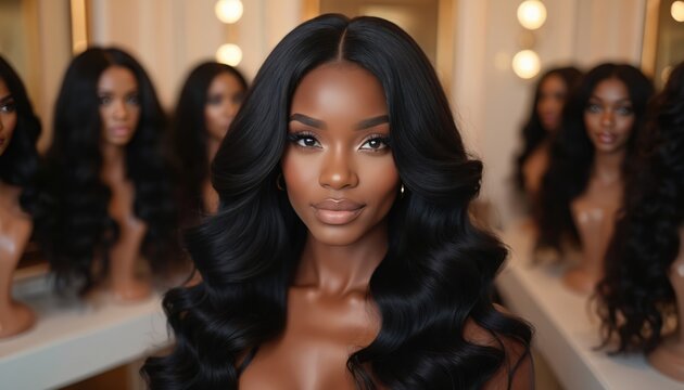 Attractive black woman with long wavy hair stands in a salon. Many wigs on display. Professional hair studio with beauty products. Elegant female model poses.