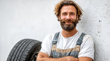 A confident, smiling man with a beard stands beside a car tire, showcasing a sense of pride in craftsmanship and an approachable demeanor in an auto repair setting.