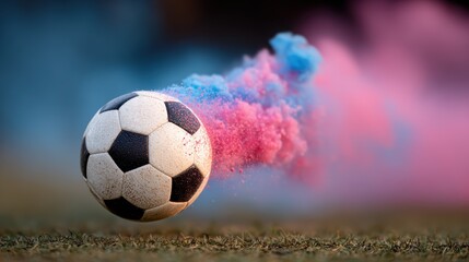 Naklejka premium A soccer ball is in motion, creating dynamic swirls of colored smoke, representing energy, passion, and excitement associated with sports and outdoor activities.