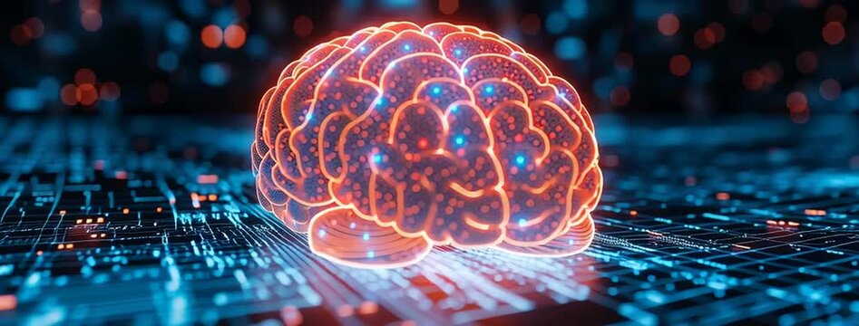 camera turning around a 3d scan view of a human brain with blinking neuron in dark background and camera turning around it