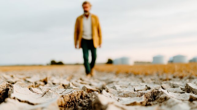 A solitary figure walks on a parched field, illustrating the dramatic effects of drought and the disconnection between nature and human existence in the modern world.