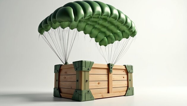 Wooden crate with green parachute descends from sky. Cargo box, supply container drops from air. Military delivery, logistic, transport, airborne, drop zone concept.