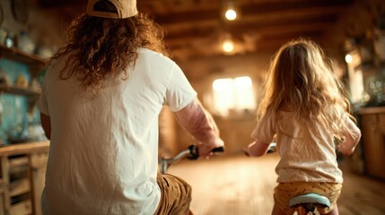 A heartwarming scene depicting a parent and child riding bikes together, creating lasting memories in a cozy, rustic space that reflects the joy of family bonding and adventure.
