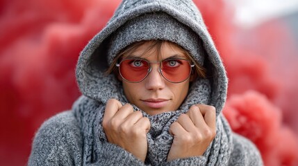 A confident young adult clad in cozy grey attire and stylish sunglasses stands against a surreal pink backdrop, encapsulating a blend of moodiness and urban fashion.