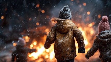 Fototapeta premium Kids excitedly play in a snowy winter landscape, their warm coats contrasting beautifully with the bright flames of a cozy fire, capturing the joy of winter and friendship.