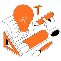 Pencil with lightbulb, isometric isometric design of creative writing illustration