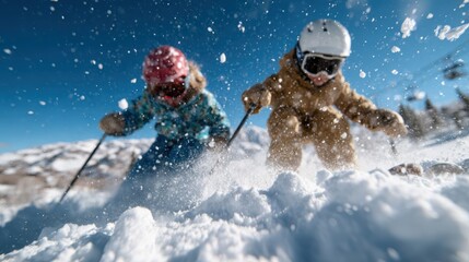 A captivating action shot of two children skiing energetically through fresh, powdery snow under a bright blue sky exemplifying joy, excitement, and winter fun.