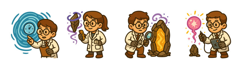 Fototapeta premium Scientist character cartoon icons set, kid experiments magic crystals