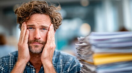 A stressed man with wrinkled brows sits amidst piles of paperwork, visually representing the pressure and challenges many professionals face in a modern work environment.