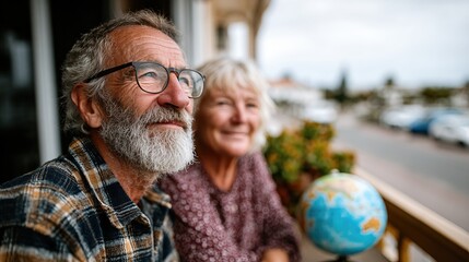 A serene elderly couple sits on their balcony, gazing thoughtfully into the distance while presenting a bright globe, suggesting exploration and cherished memories together.