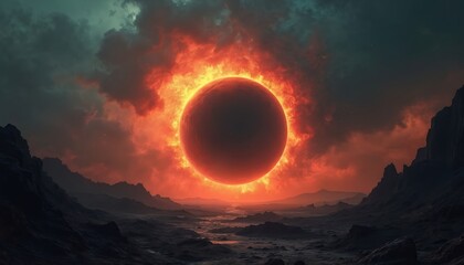 Fiery celestial body looms over desolate alien planet landscape. Dramatic red clouds swirl around glowing orb creating apocalyptic atmosphere. Dark jagged mountains under dusky sky.