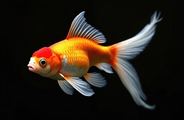 Orange goldfish with red head swims in black void. Aquatic pet with white fins and tail moves in deep water. Fish shows scales and body detail.