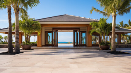 Fototapeta premium Moden luxury large house with a pool in the backyard. The pool is surrounded by a lush green tree