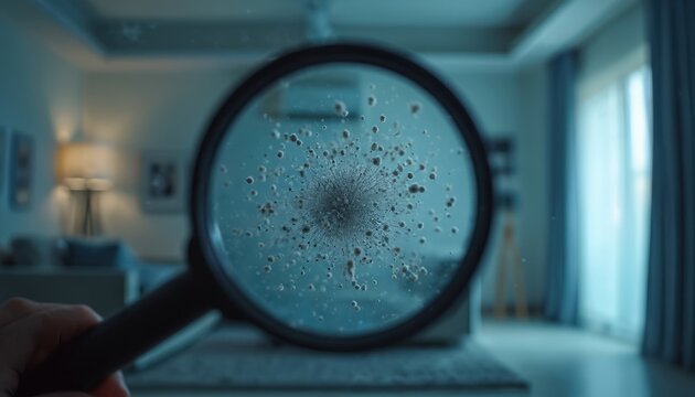 Dust mites, dirt particles magnified in air conditioner filter. Indoor air quality concerns, microscopic inspection of home ventilation system, highlighting potential health hazards for breathing.