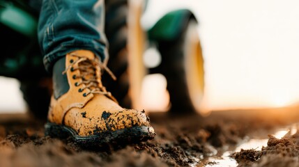 A close-up shot of a rugged boot covered in mud emphasizes the hard work and connection to agriculture, illustrating the dedication of farmers in their daily endeavors.