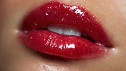 A stunning close-up image of red, glossy lips subtly parting to reveal a beautiful white smile, exuding allure and confidence with a touch of sensuality.