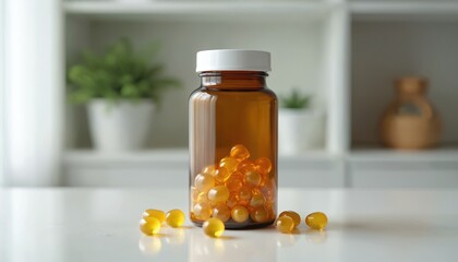 Amber glass bottle holds clear orange capsules. Soft light illuminates pills inside and scattered on white surface. Healthy supplements for wellness and nourishment stored simply.